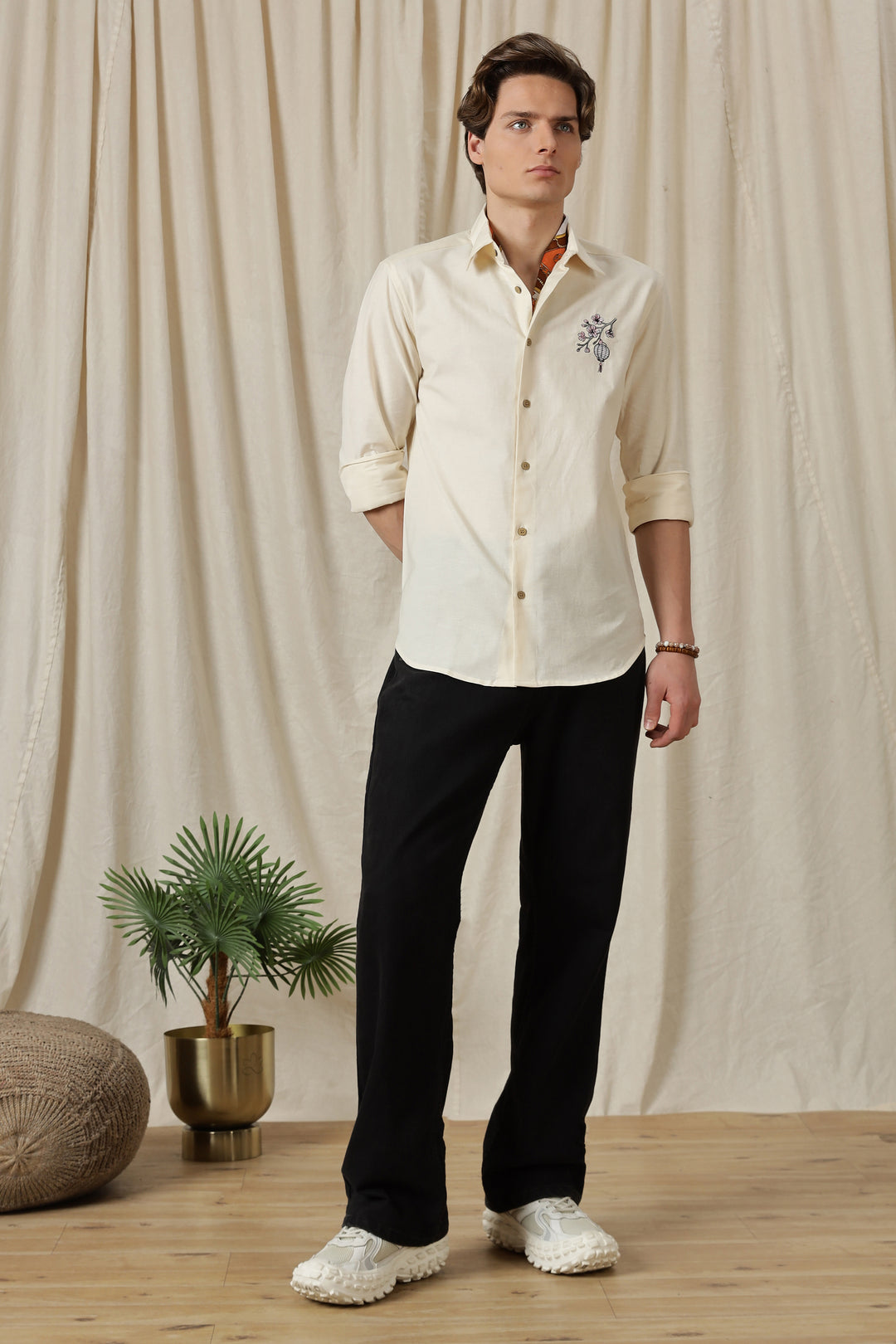 Japanese Lantern: Embroidery Linen Cream Shirt