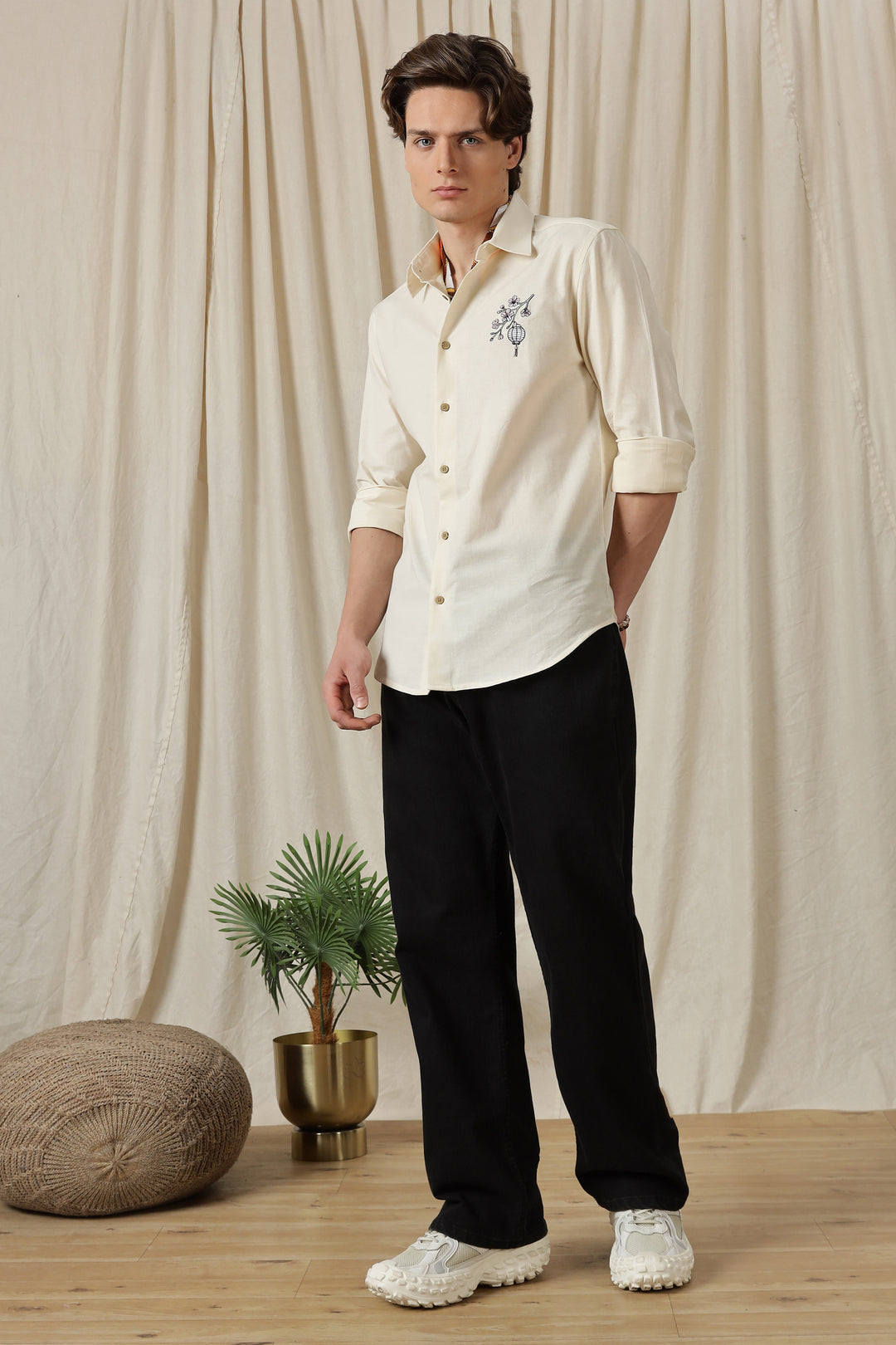 Japanese Lantern: Embroidery Linen Cream Shirt