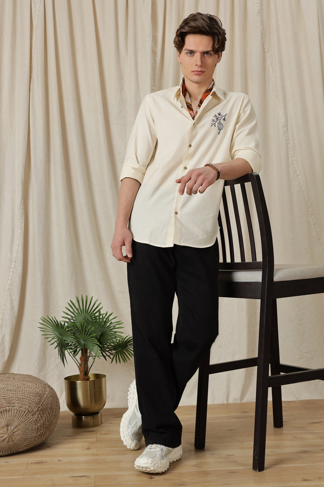 Japanese Lantern: Embroidery Linen Cream Shirt