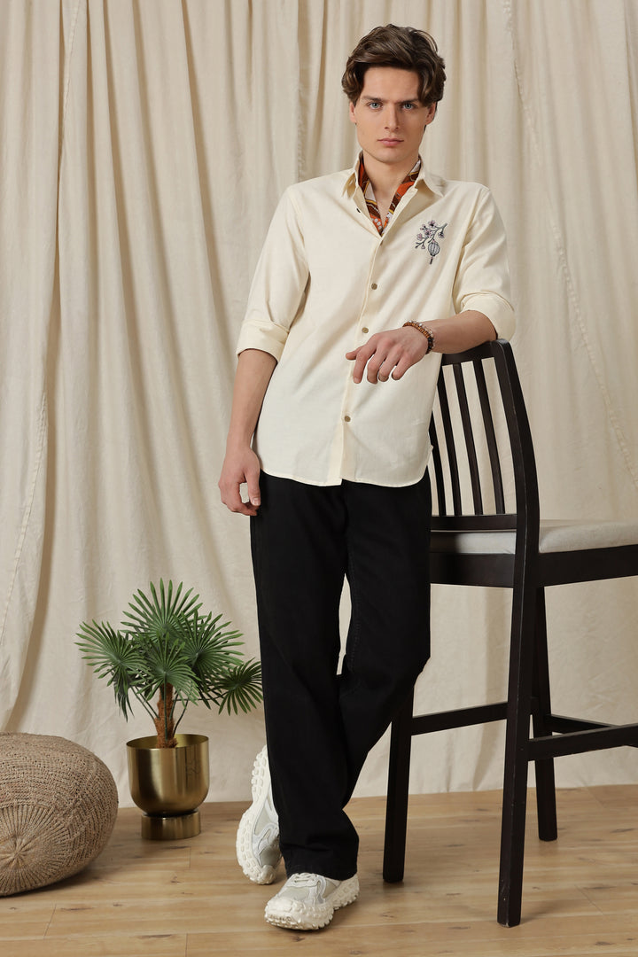 Japanese Lantern: Embroidery Linen Cream Shirt