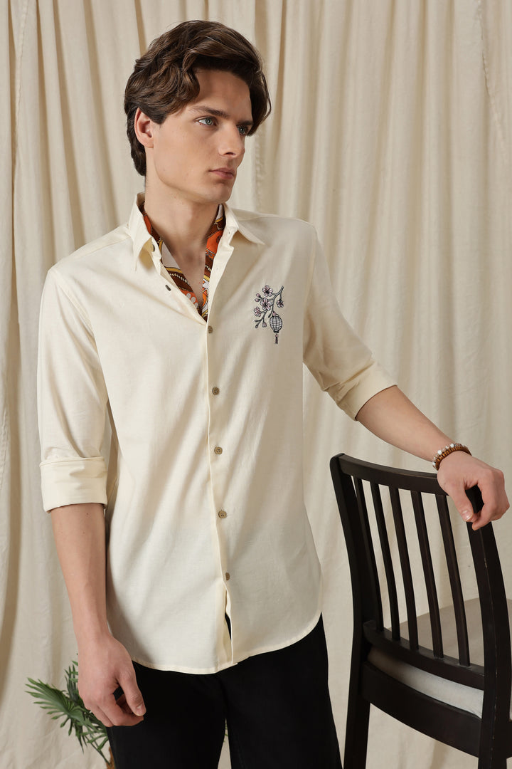Japanese Lantern: Embroidery Linen Cream Shirt