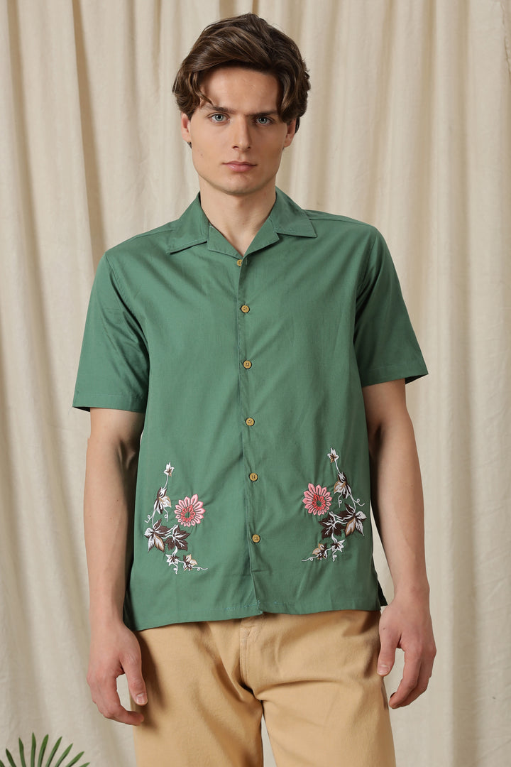 Autumn Flowers: Green Cuban Shirt