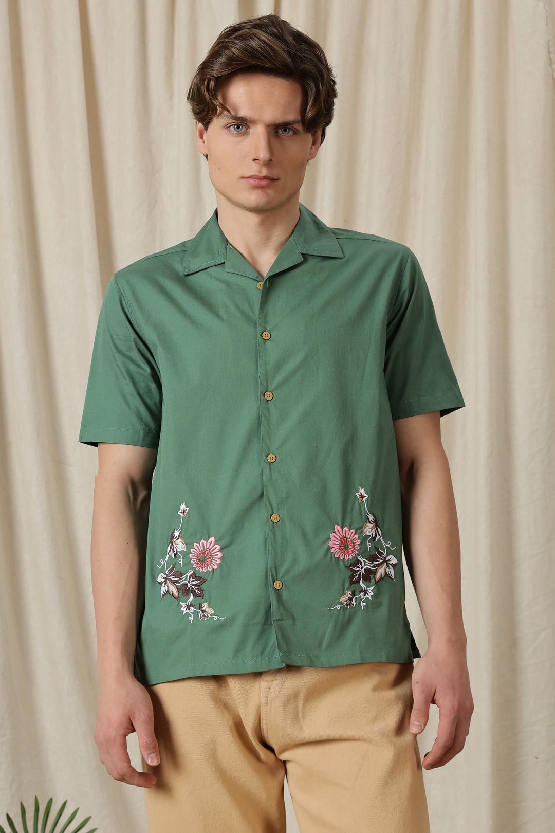 Autumn Flowers: Green Cuban Shirt