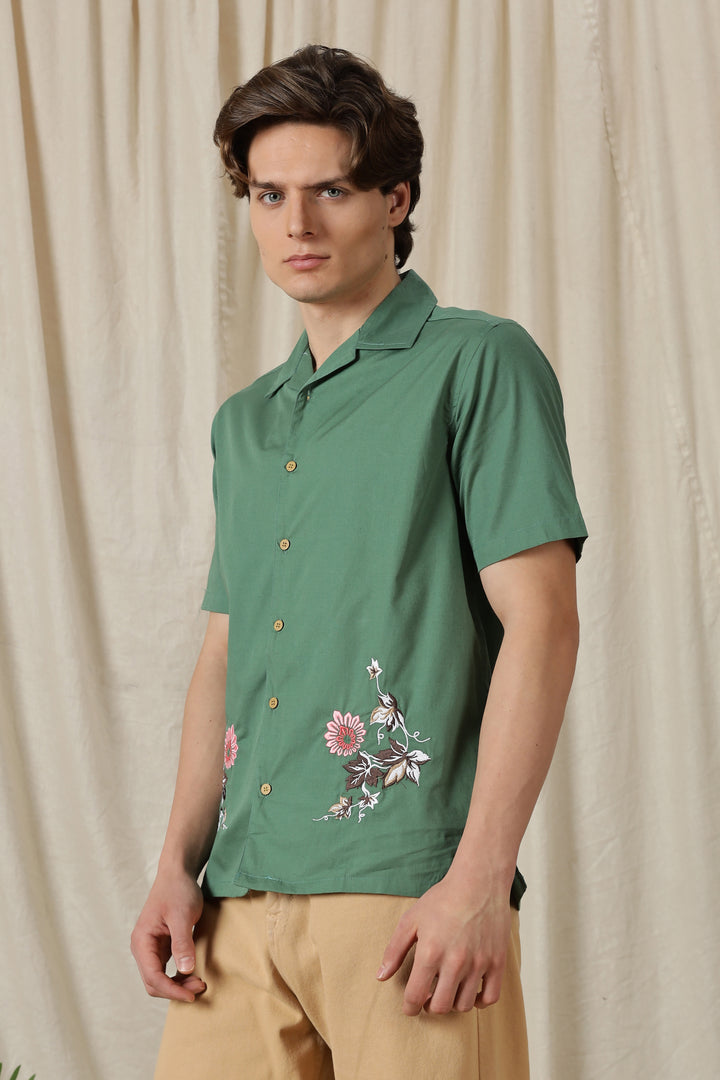 Autumn Flowers: Green Cuban Shirt