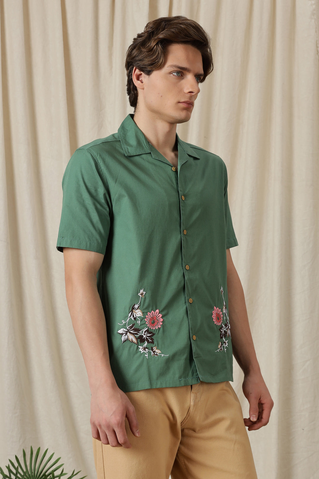 Autumn Flowers: Green Cuban Shirt