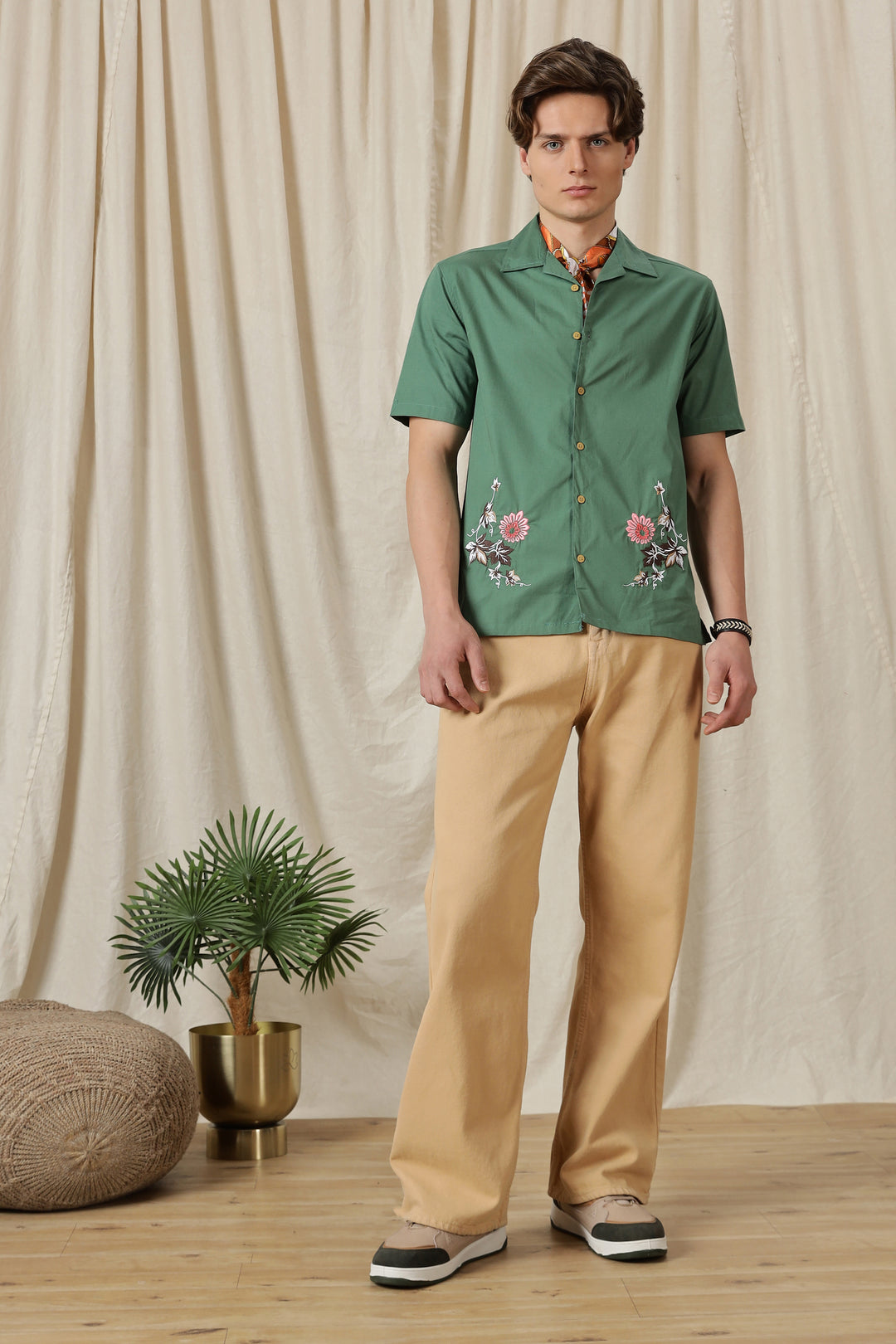 Autumn Flowers: Green Cuban Shirt