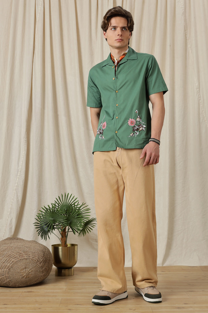 Autumn Flowers: Green Cuban Shirt