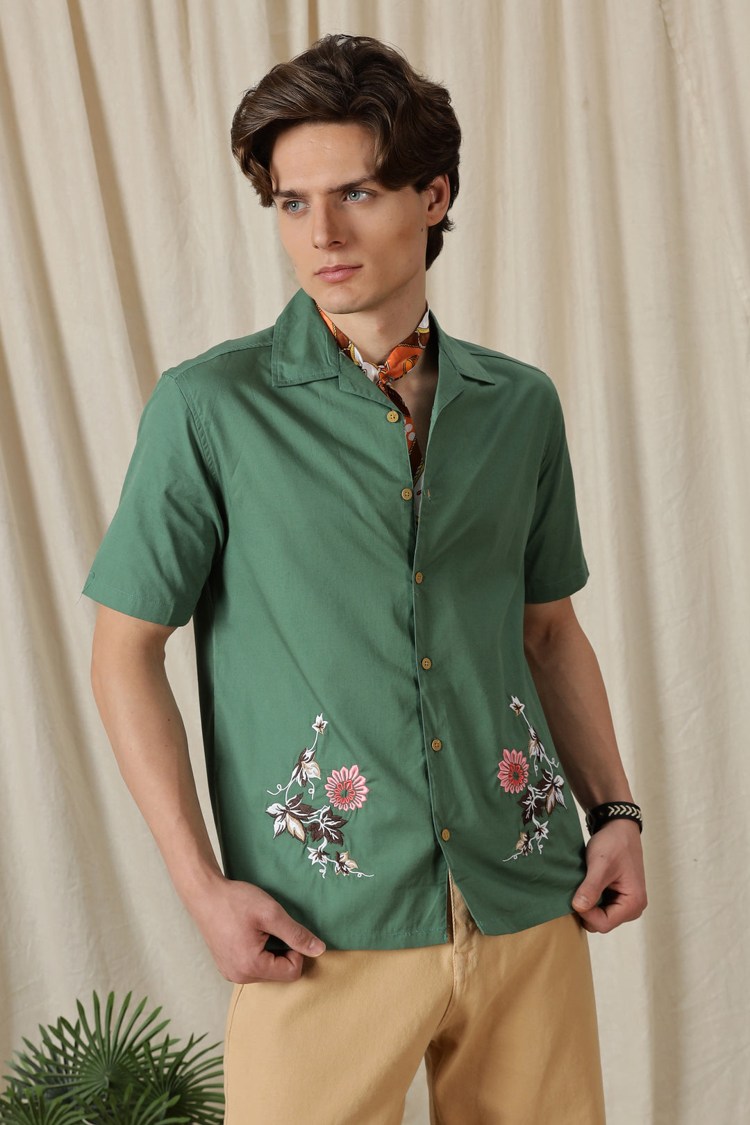 Autumn Flowers: Green Cuban Shirt
