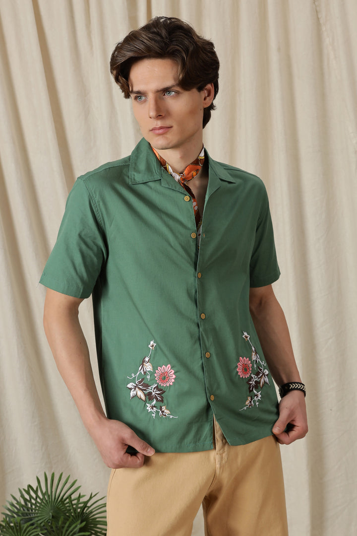Autumn Flowers: Green Cuban Shirt