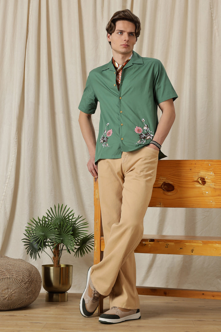Autumn Flowers: Green Cuban Shirt