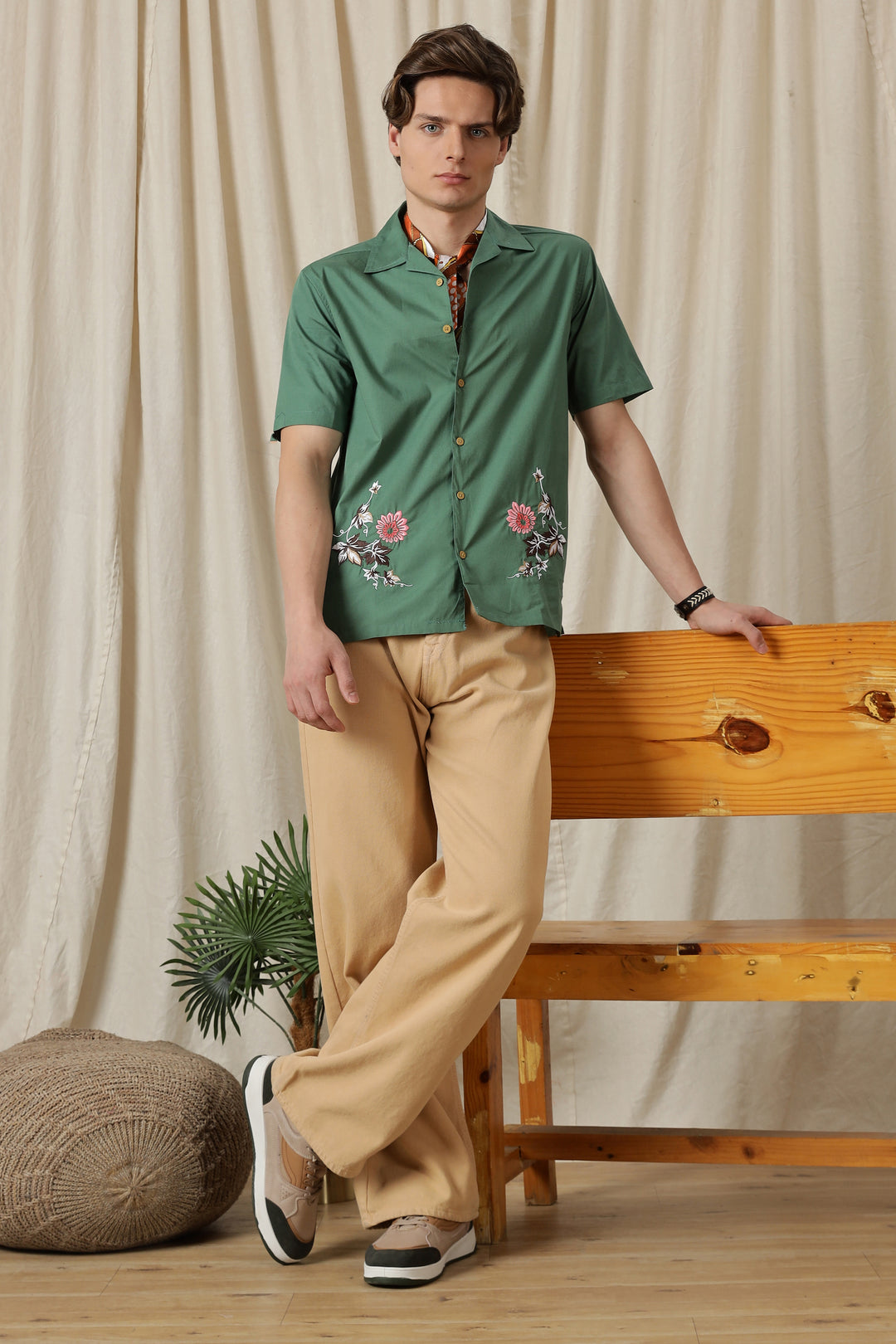 Autumn Flowers: Green Cuban Shirt