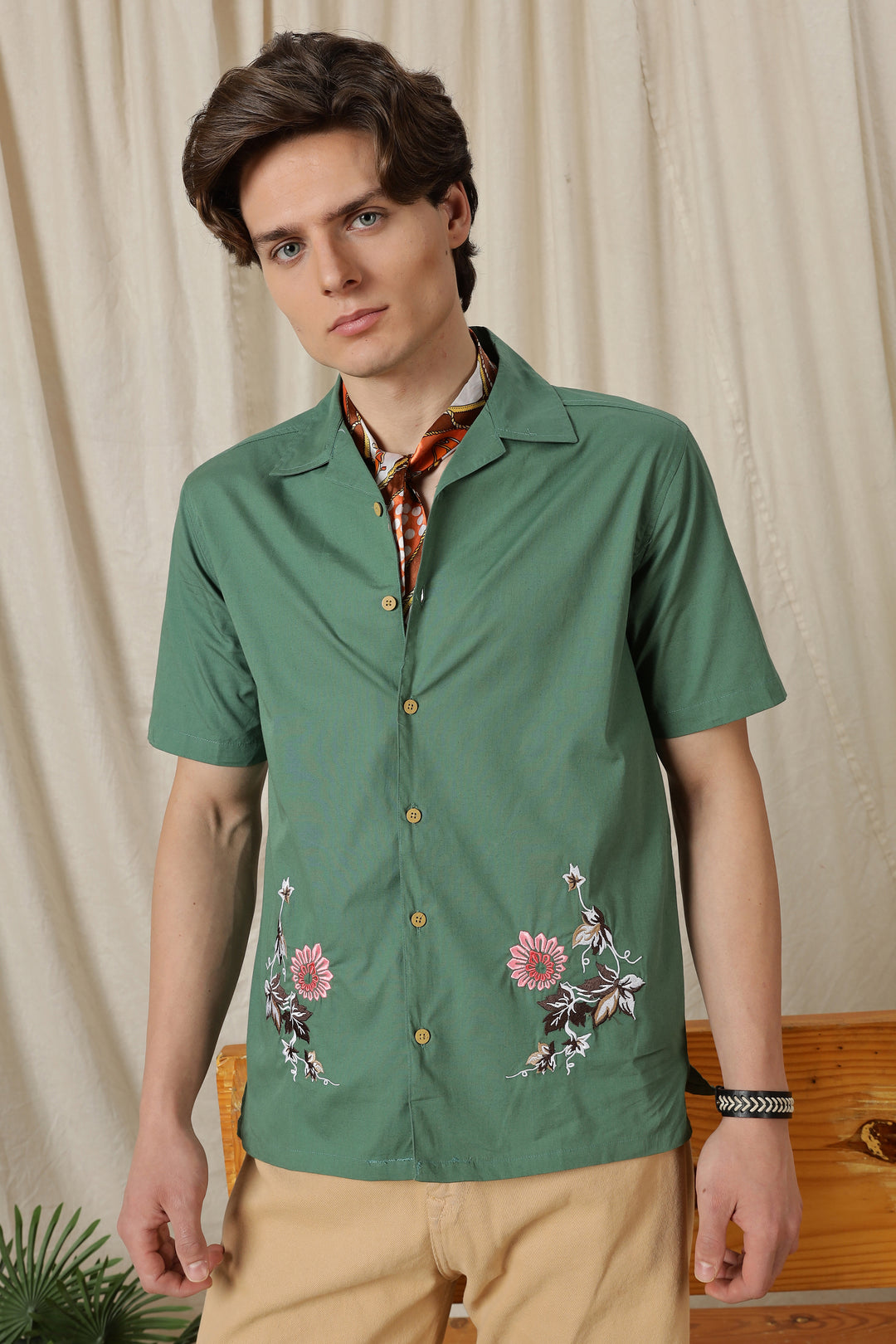 Autumn Flowers: Green Cuban Shirt