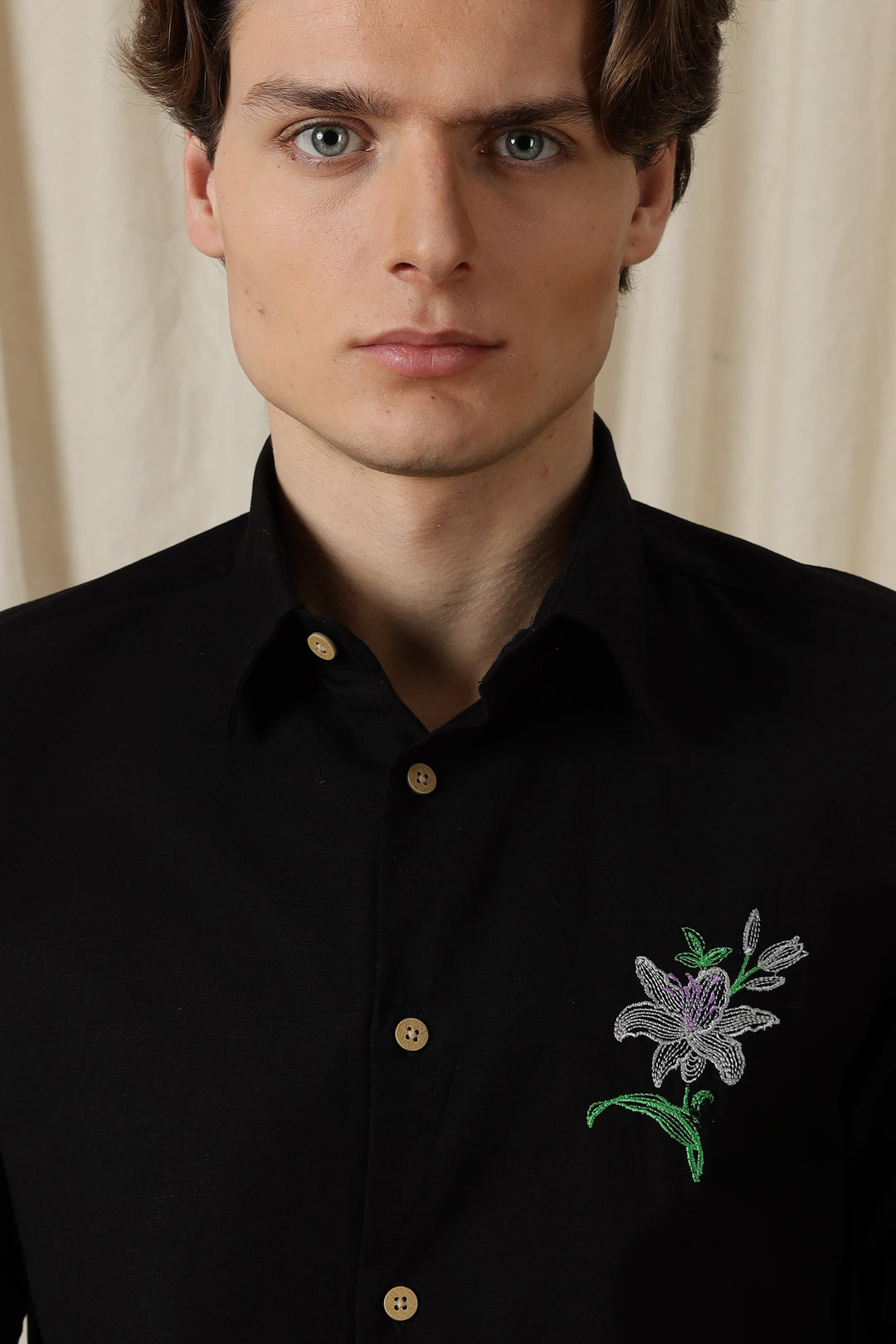 Jewel Flower: Embroidery Black Shirt