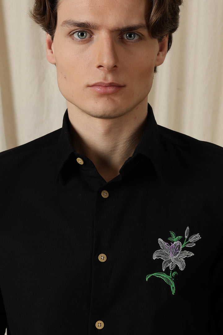 Jewel Flower: Embroidery Black Shirt