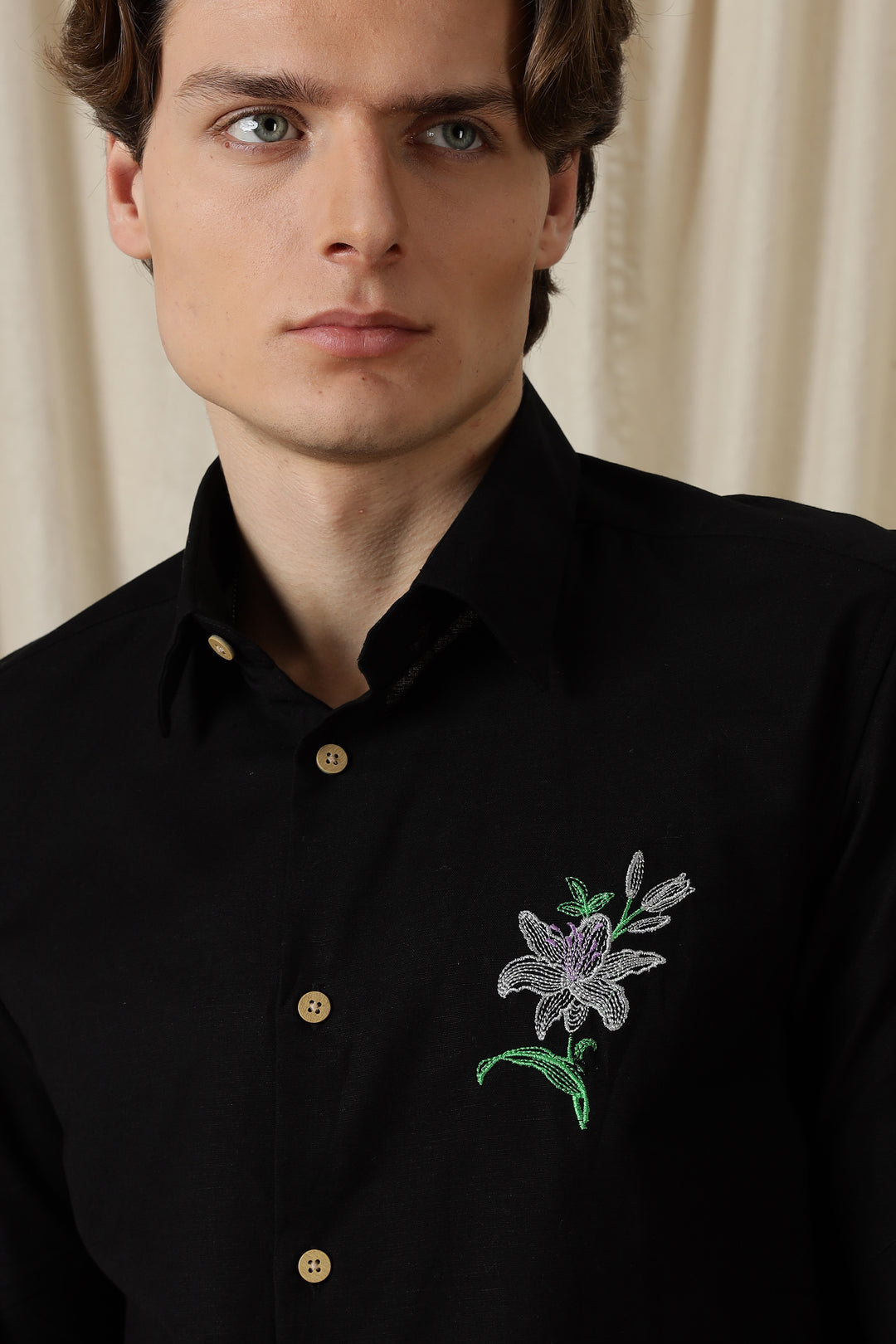 Jewel Flower: Embroidery Black Shirt