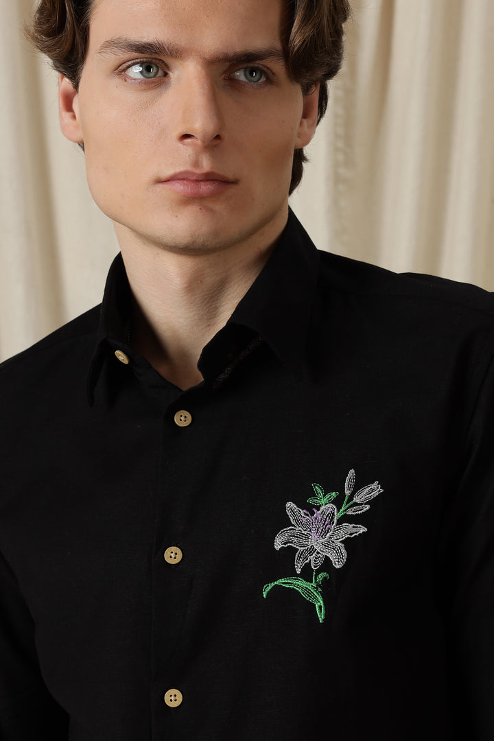 Jewel Flower: Embroidery Black Shirt