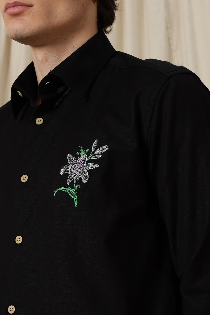 Jewel Flower: Embroidery Black Shirt