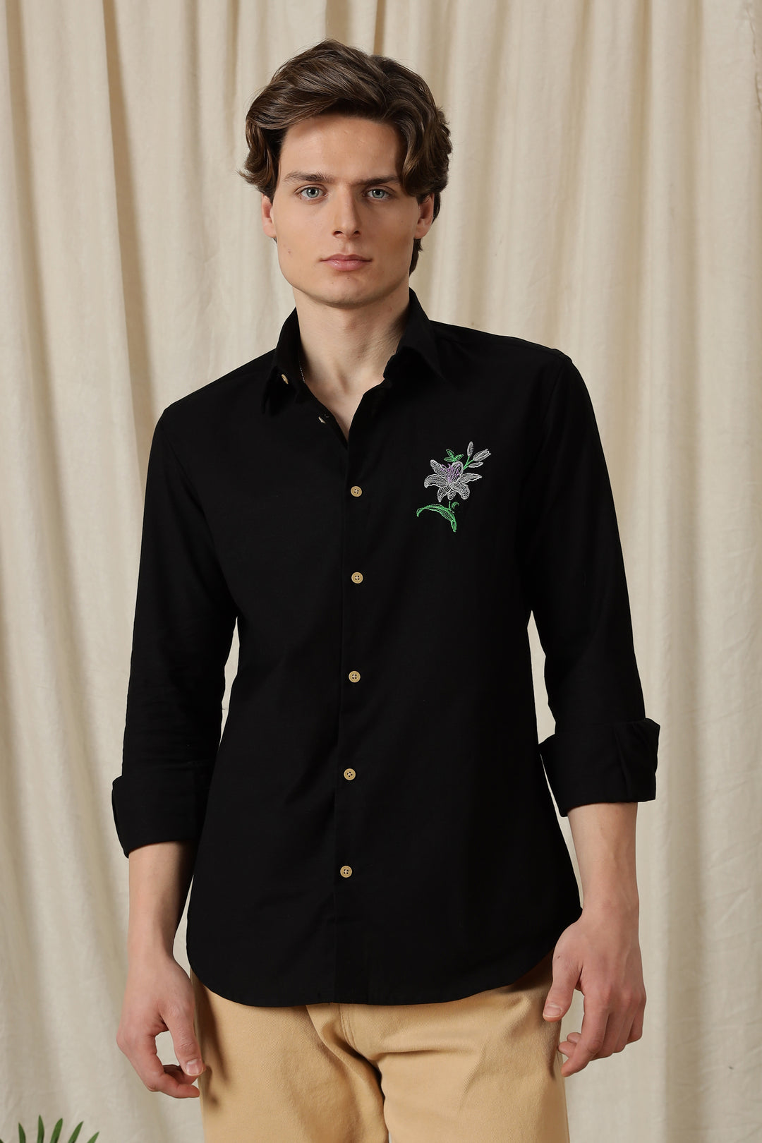 Jewel Flower: Embroidery Black Shirt