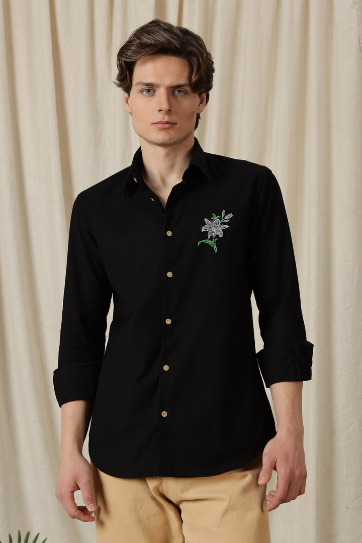 Jewel Flower: Embroidery Black Shirt