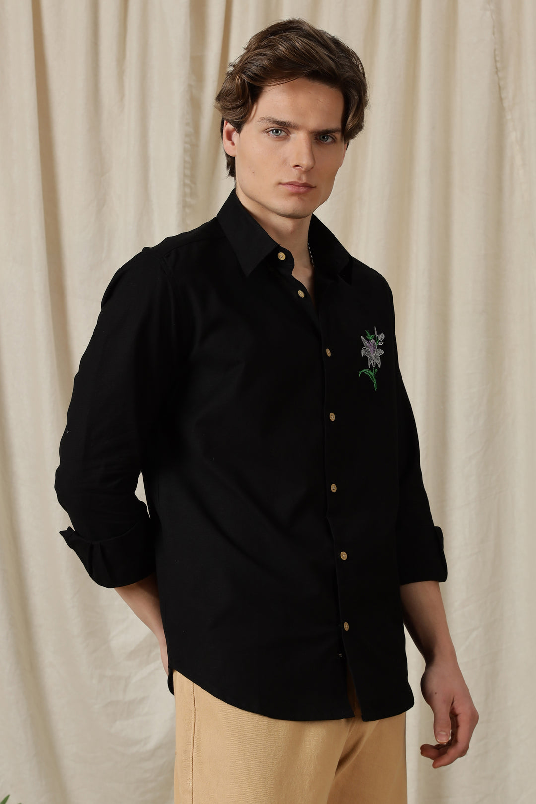 Jewel Flower: Embroidery Black Shirt