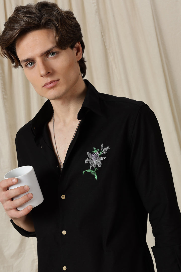 Jewel Flower: Embroidery Black Shirt