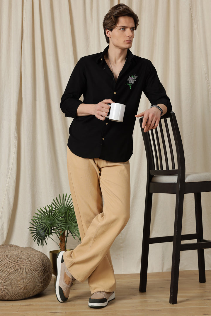 Jewel Flower: Embroidery Black Shirt