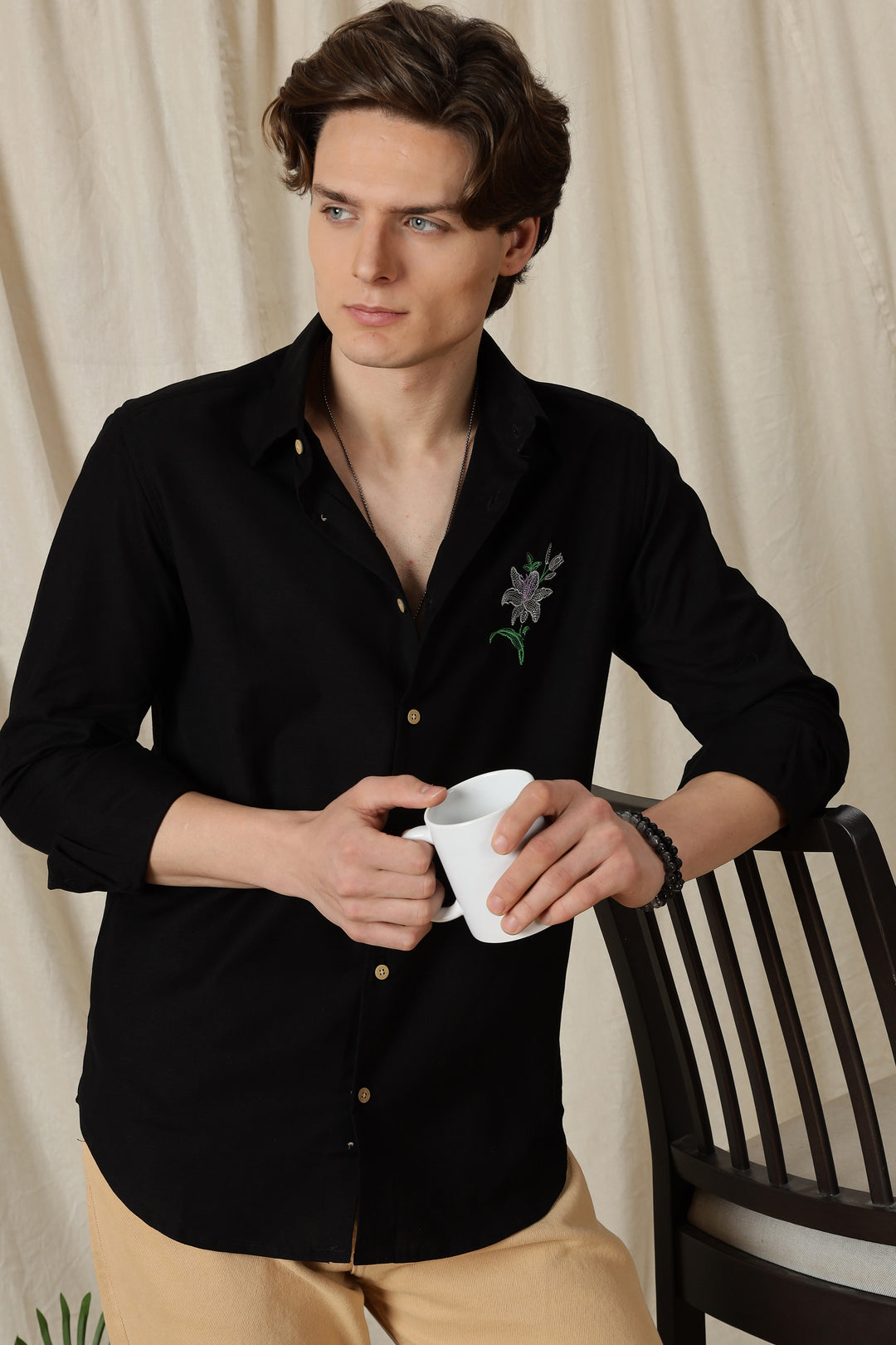 Jewel Flower: Embroidery Black Shirt