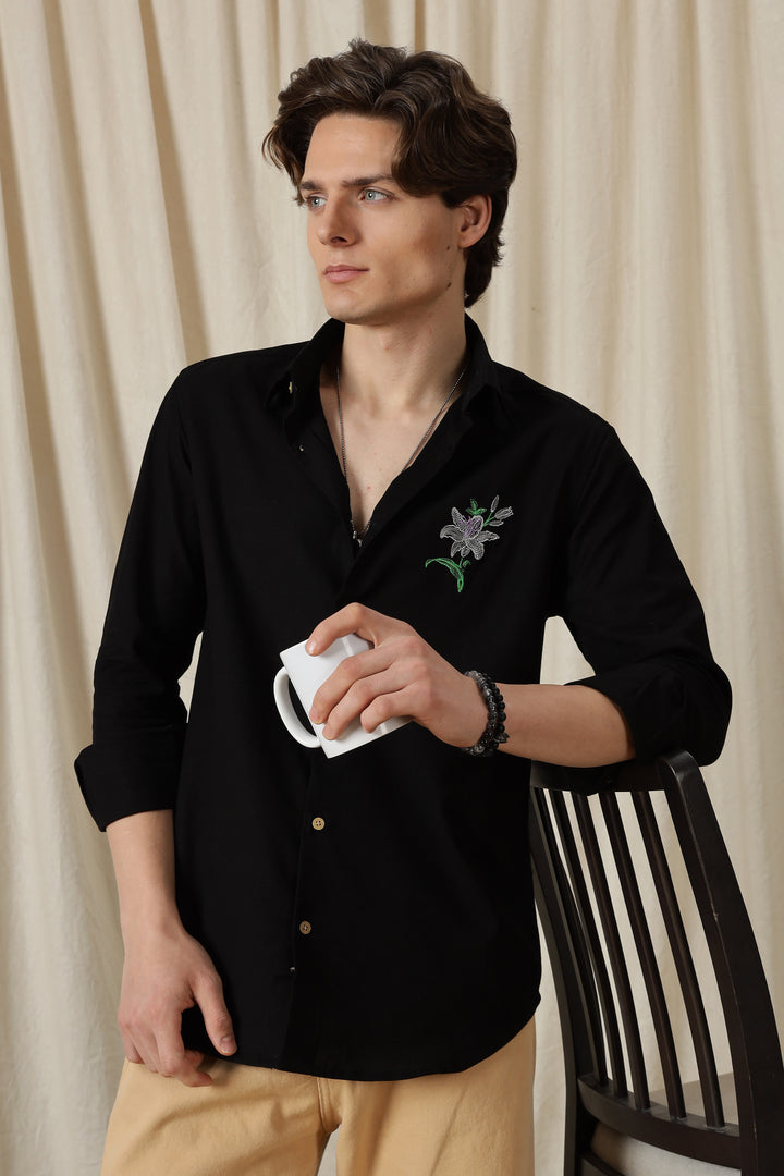 Jewel Flower: Embroidery Black Shirt