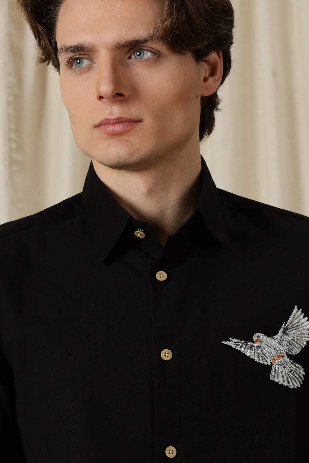 Dove: Embroidery Linen Black Shirt