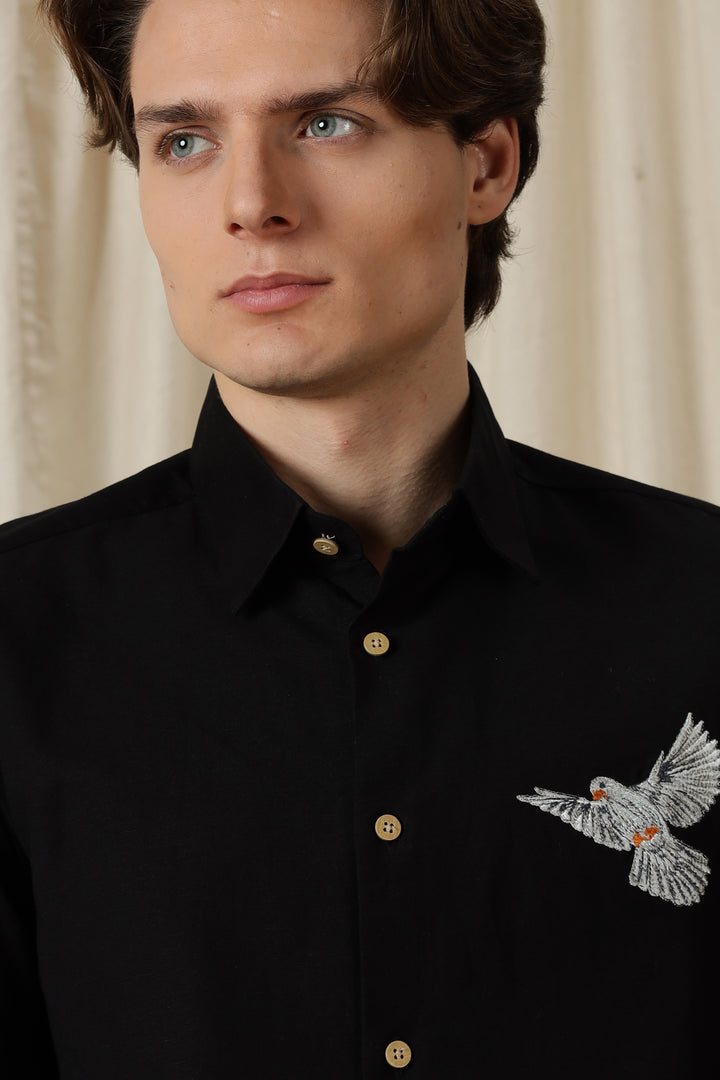 Dove: Embroidery Linen Black Shirt