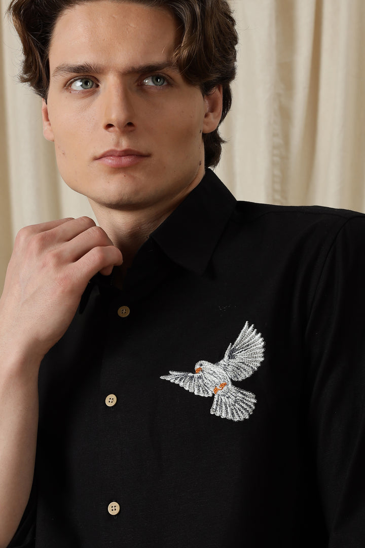 Dove: Embroidery Linen Black Shirt