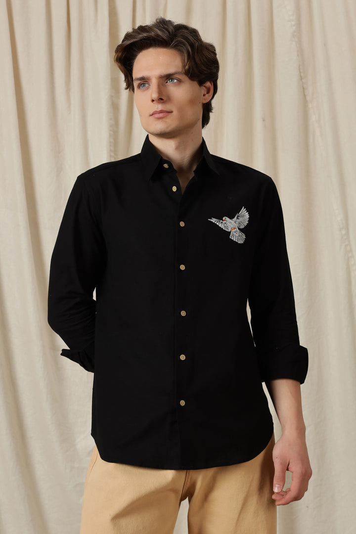 Dove: Embroidery Linen Black Shirt