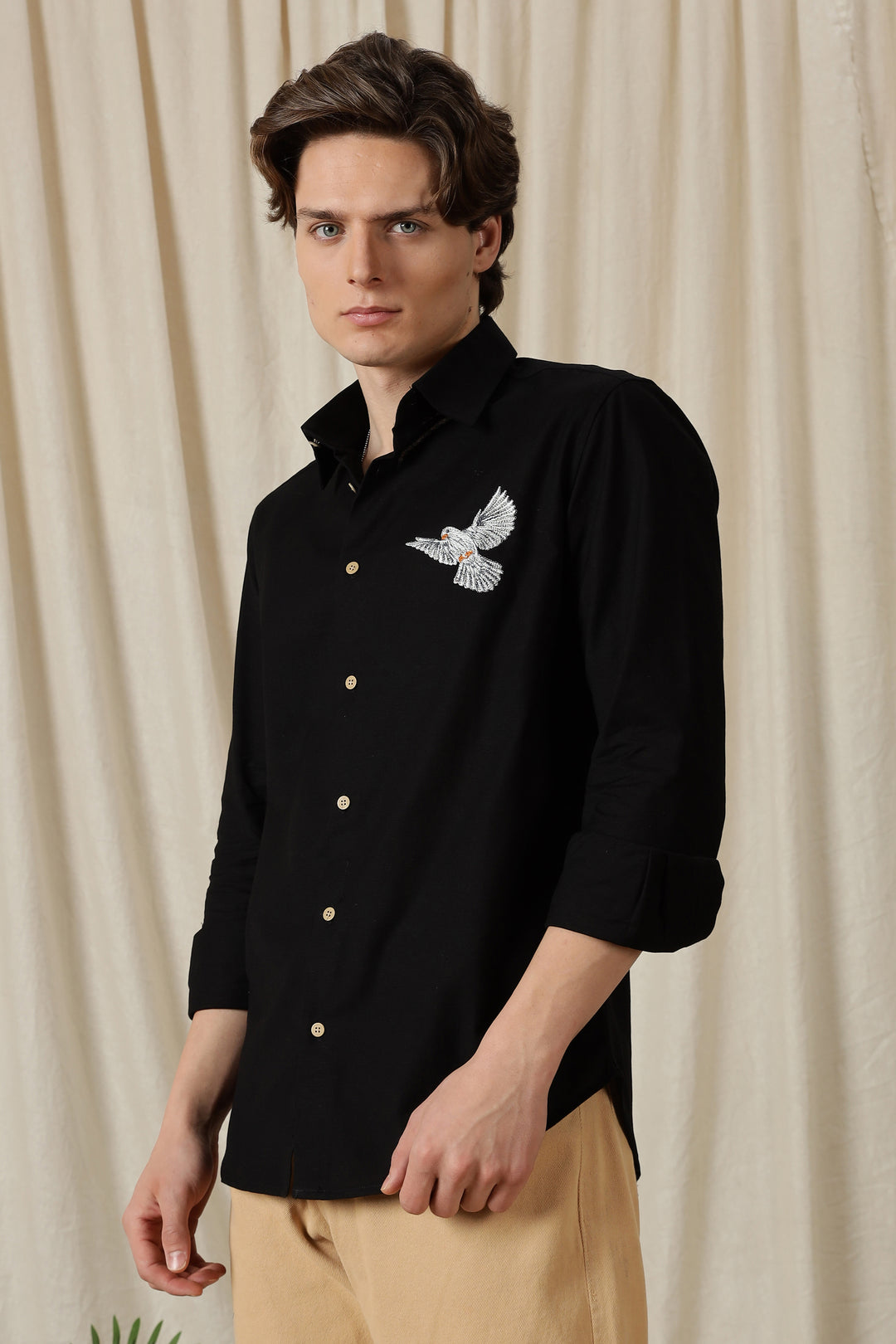 Dove: Embroidery Linen Black Shirt