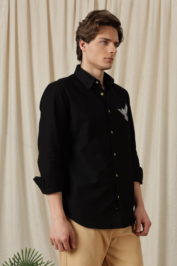 Dove: Embroidery Linen Black Shirt