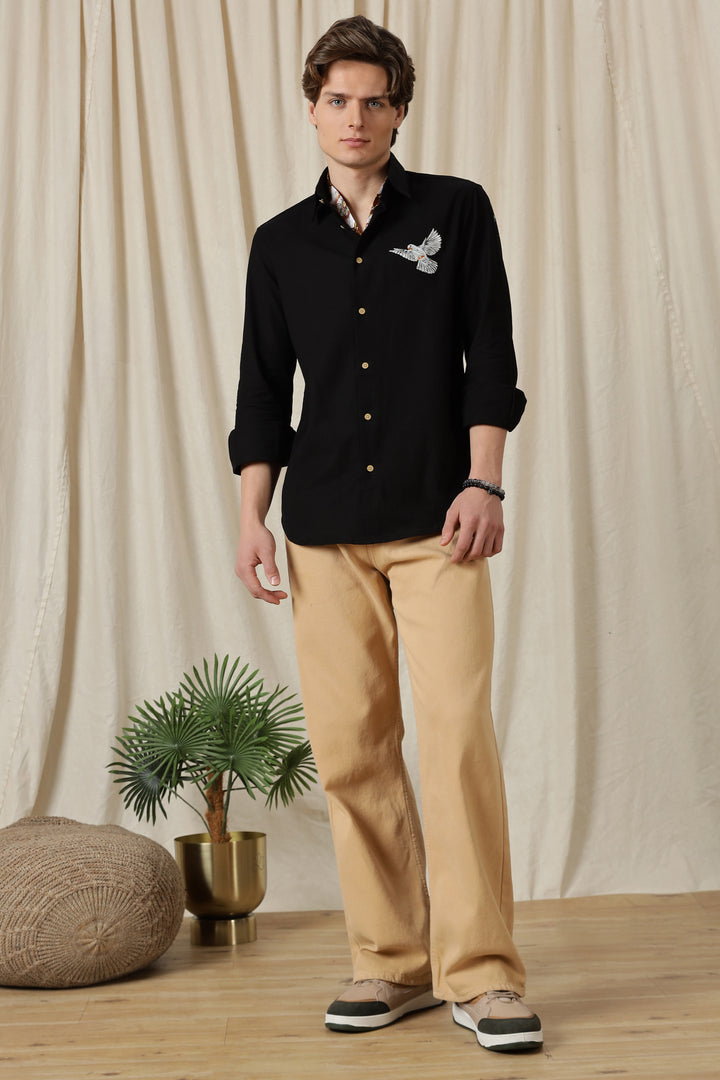 Dove: Embroidery Linen Black Shirt
