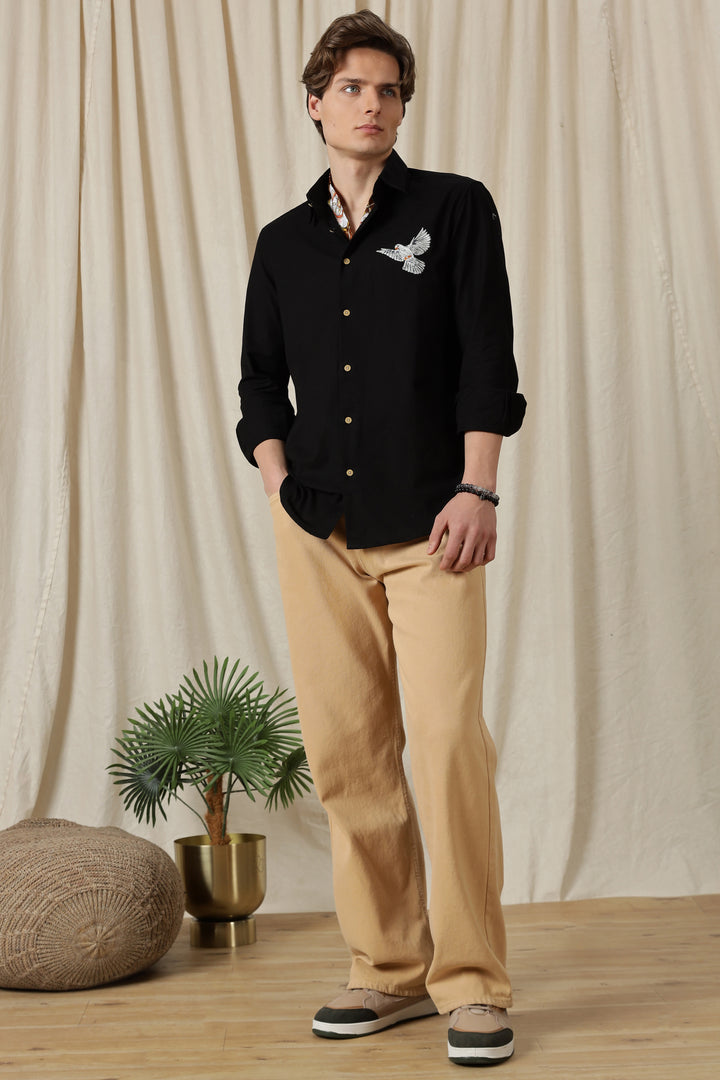 Dove: Embroidery Linen Black Shirt