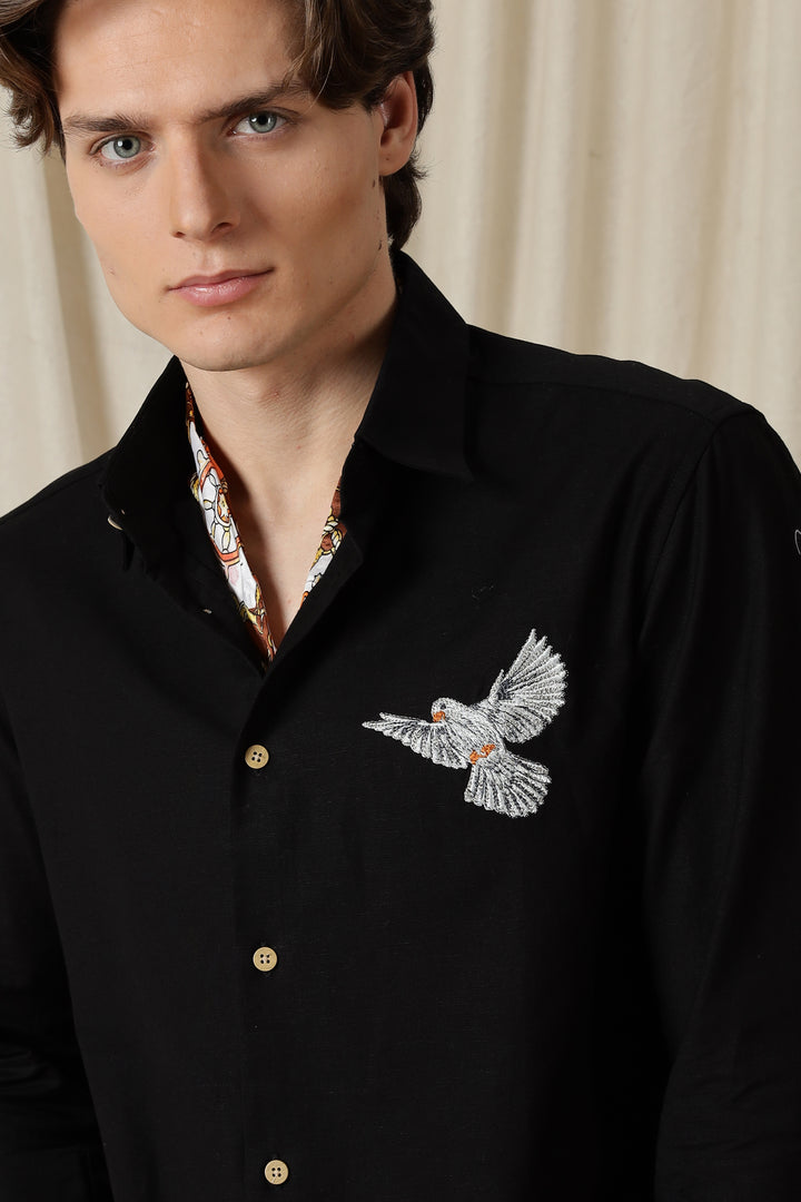 Dove: Embroidery Linen Black Shirt