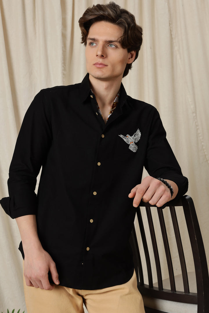 Dove: Embroidery Linen Black Shirt