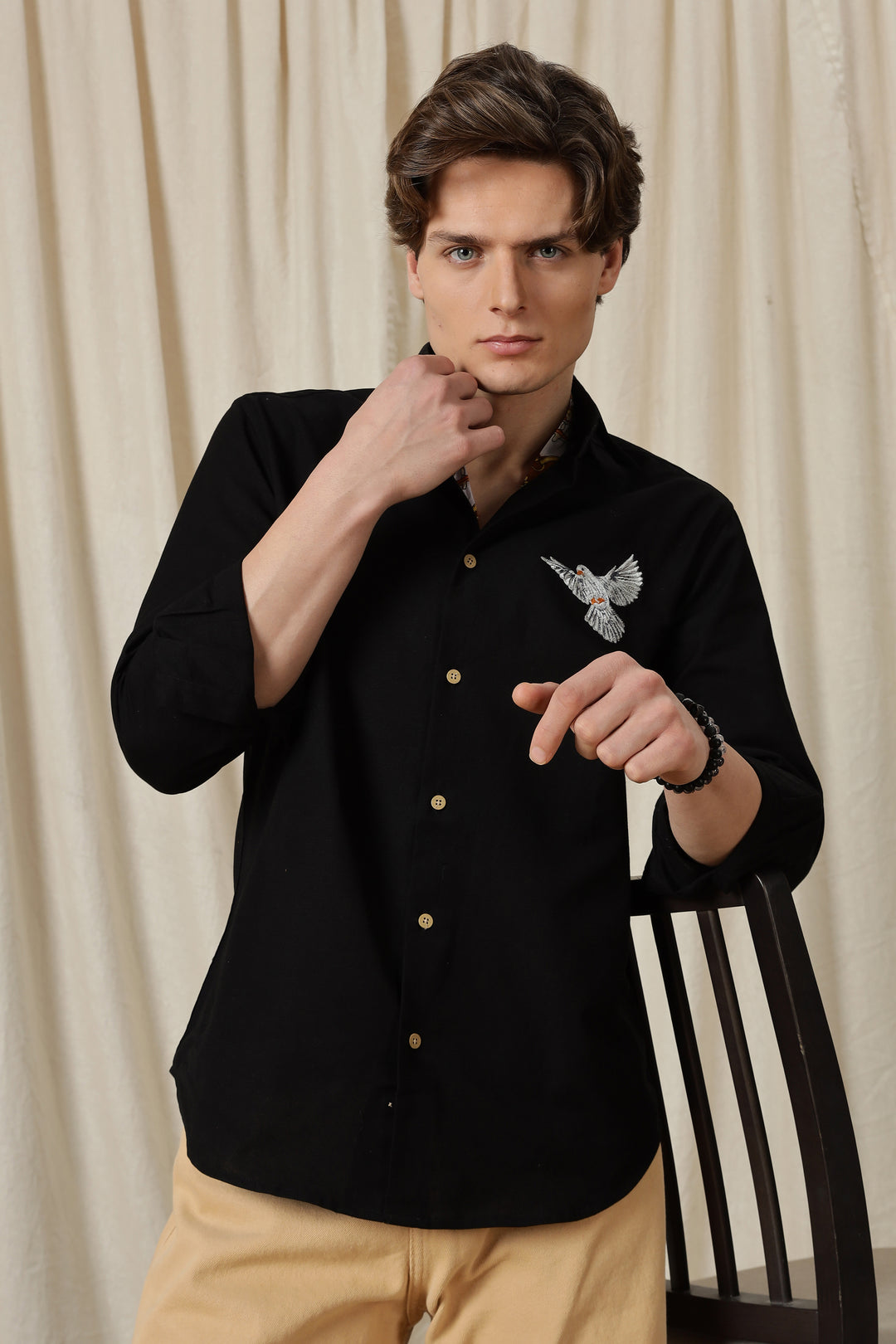Dove: Embroidery Linen Black Shirt