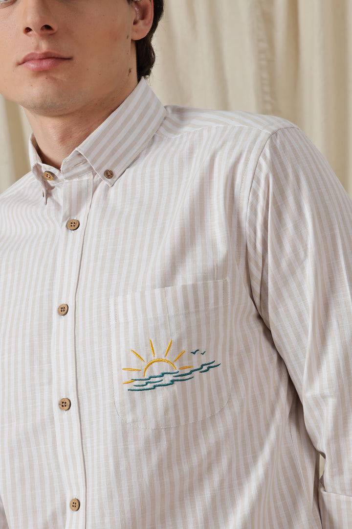 Seaboard Embroidery Peach Stripes Shirt