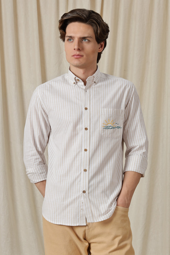Seaboard Embroidery Peach Stripes Shirt