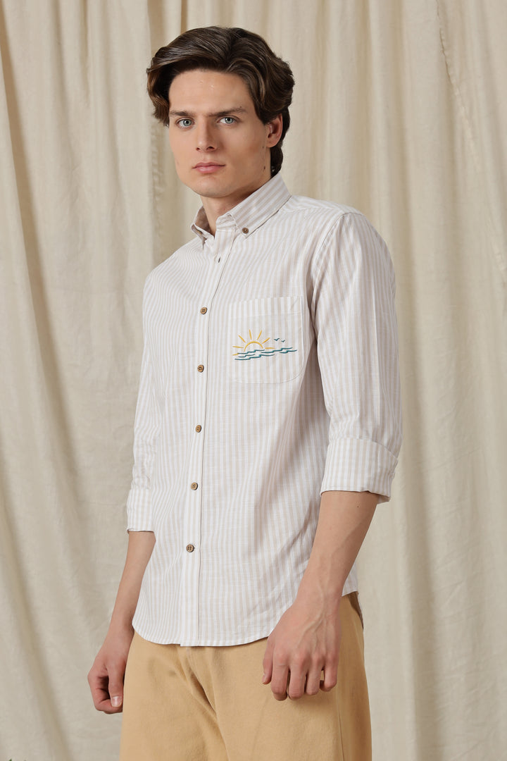 Seaboard Embroidery Peach Stripes Shirt
