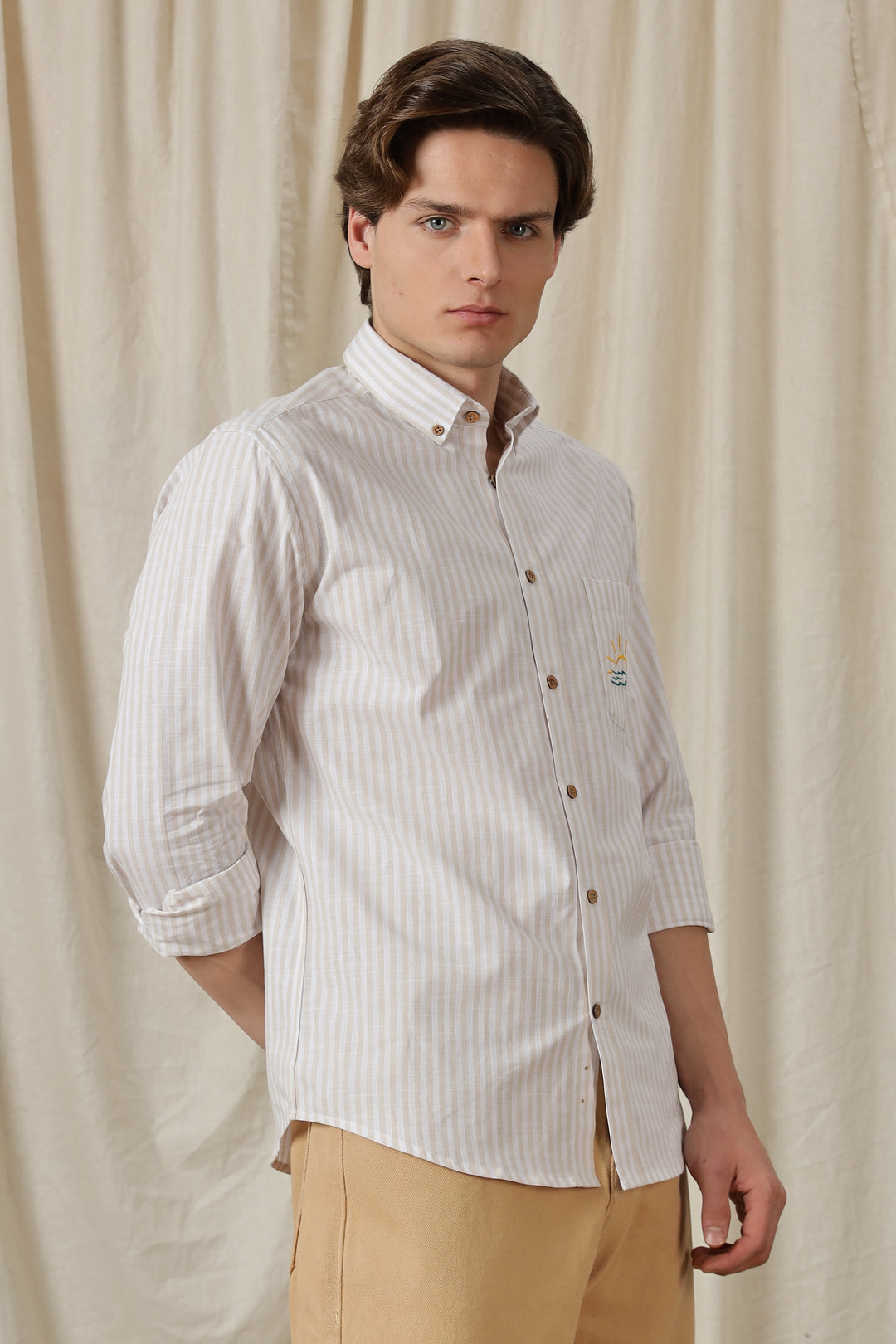 Seaboard Embroidery Peach Stripes Shirt