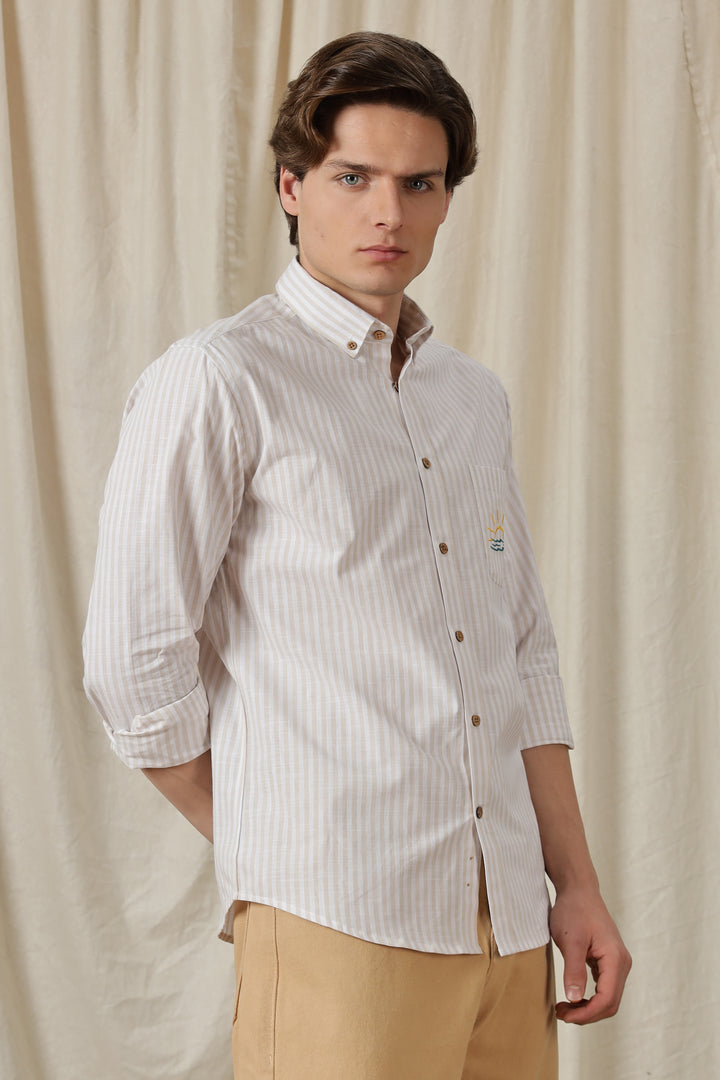 Seaboard Embroidery Peach Stripes Shirt
