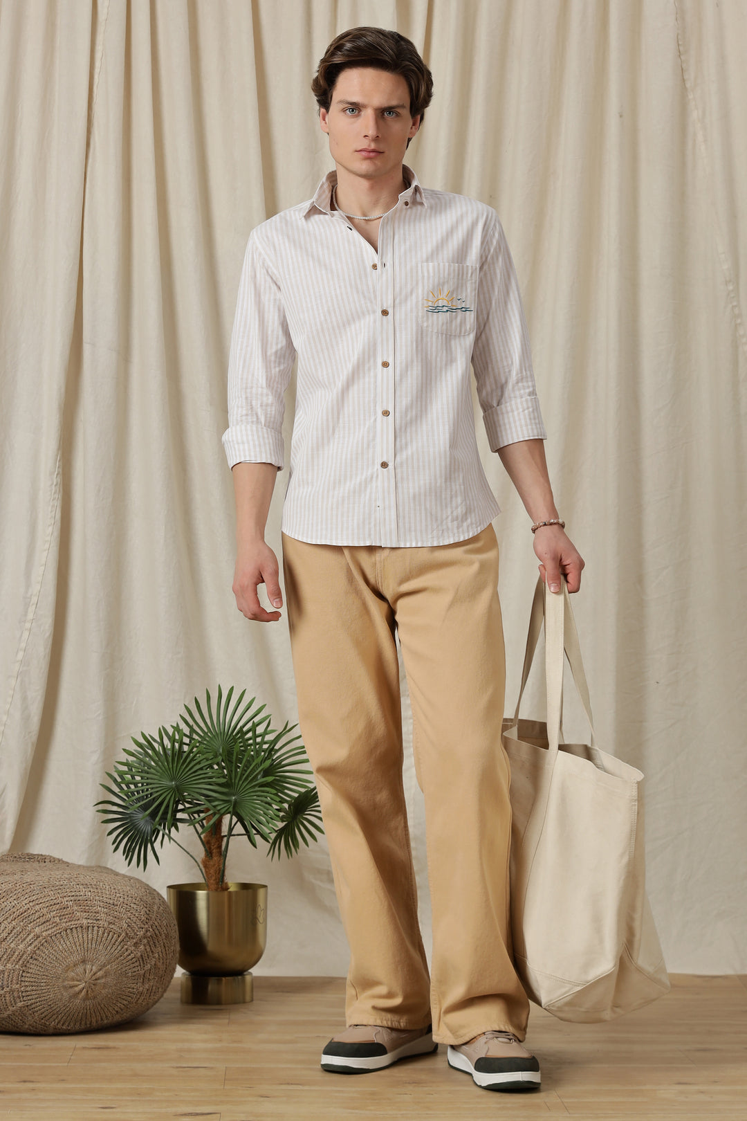 Seaboard Embroidery Peach Stripes Shirt