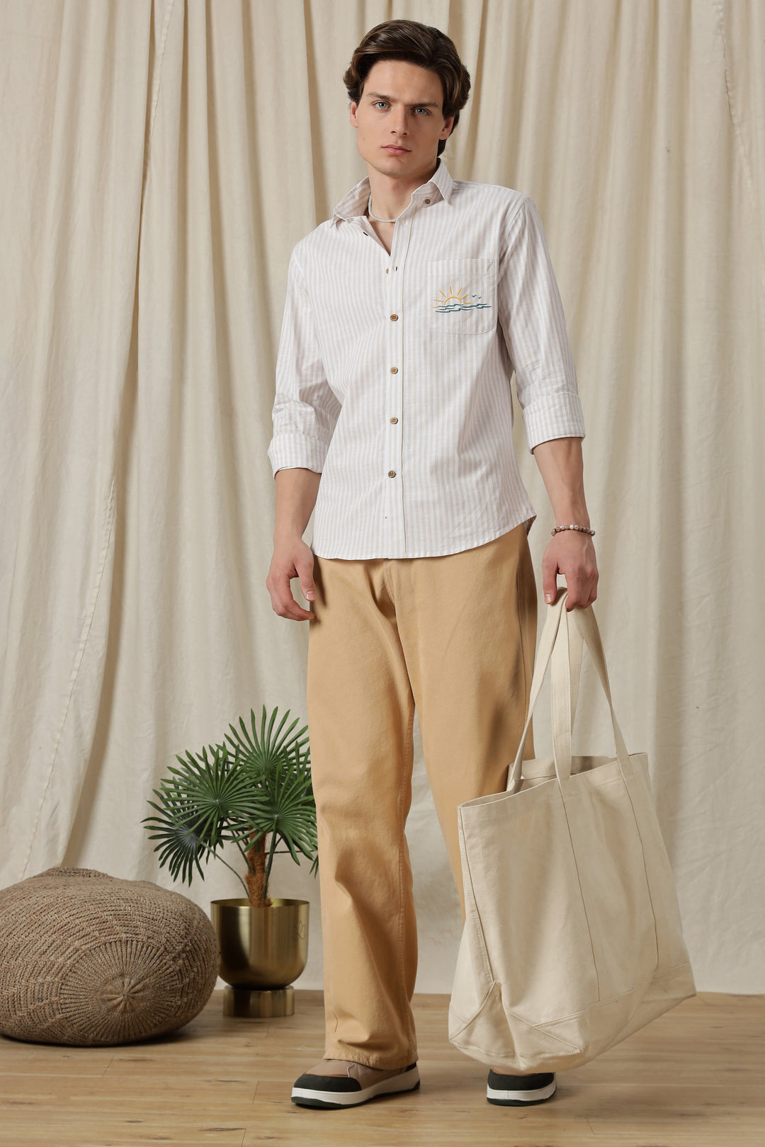 Seaboard Embroidery Peach Stripes Shirt