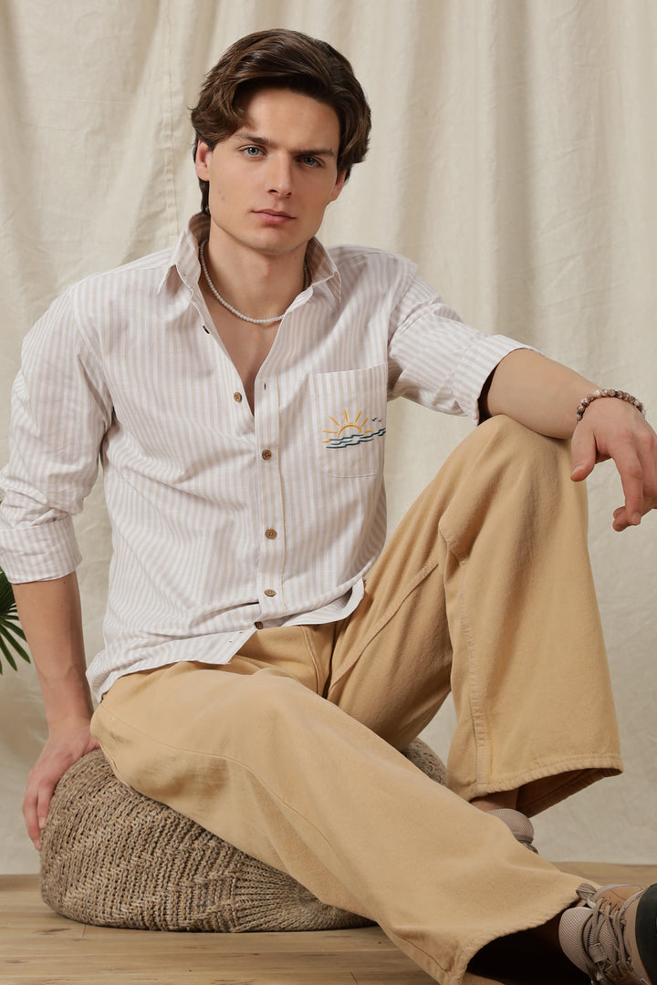 Seaboard Embroidery Peach Stripes Shirt