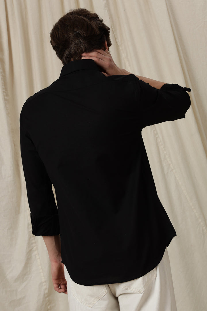 Dot Embroidery: Bird Black Linen Shirt