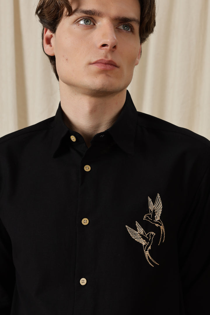 Dot Embroidery: Bird Black Linen Shirt