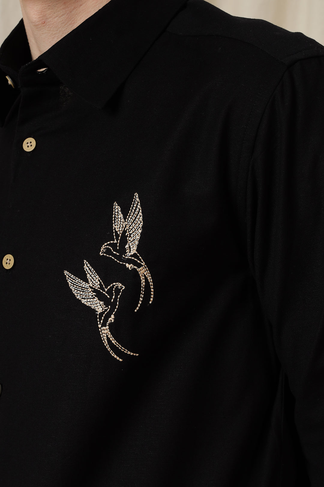 Dot Embroidery: Bird Black Linen Shirt